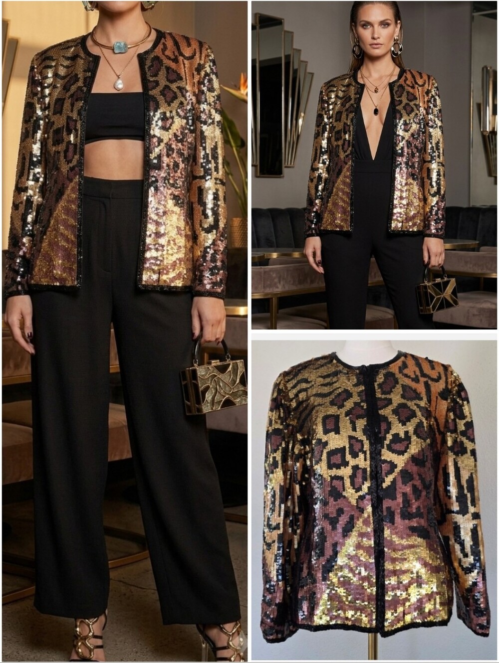 Vintage Laurence Kazar Silk Sequin Animal Print Jacket Gold Leopard Statement L